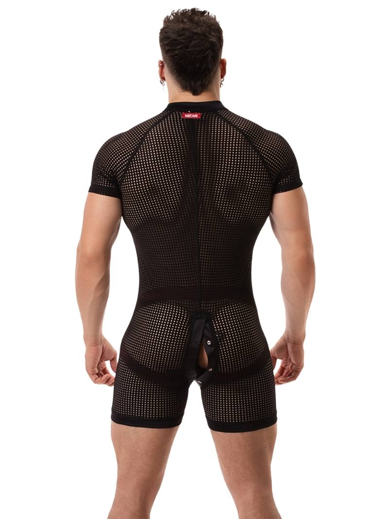 A model wearing a black mesh one-piece union suit with short sleeves and a crew neck. The suit features a buttoned front and rear access.