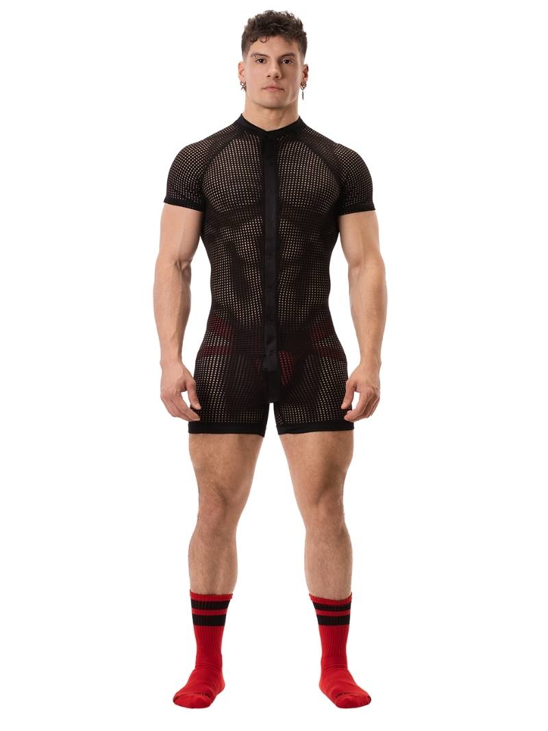 A model wearing a black mesh one-piece union suit with short sleeves and a crew neck. The suit features a buttoned front and rear access.