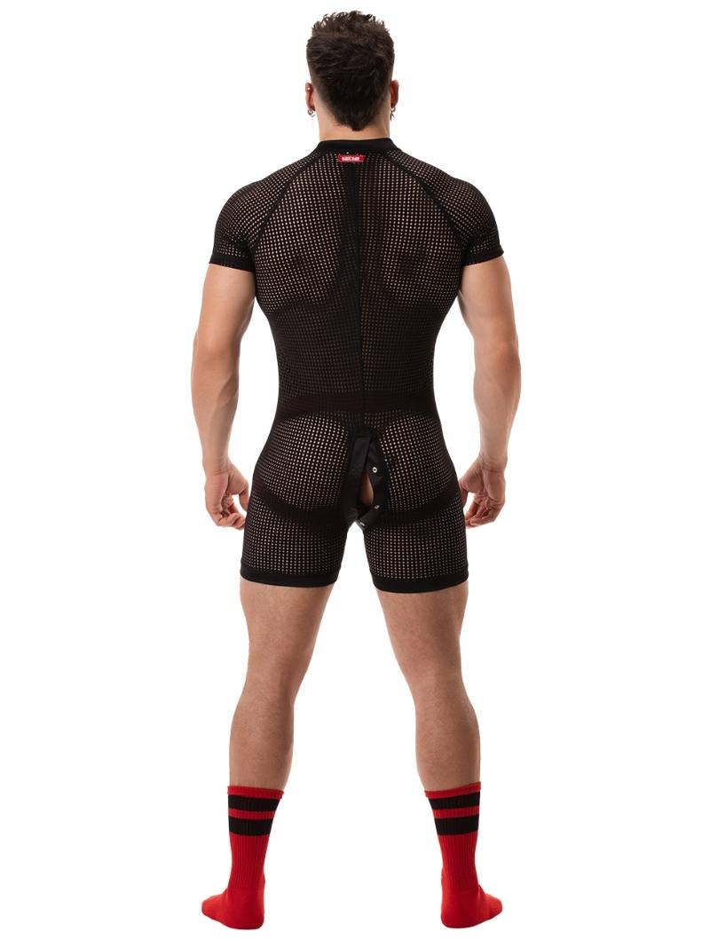 A model wearing a black mesh one-piece union suit with short sleeves and a crew neck. The suit features a buttoned front and rear access.