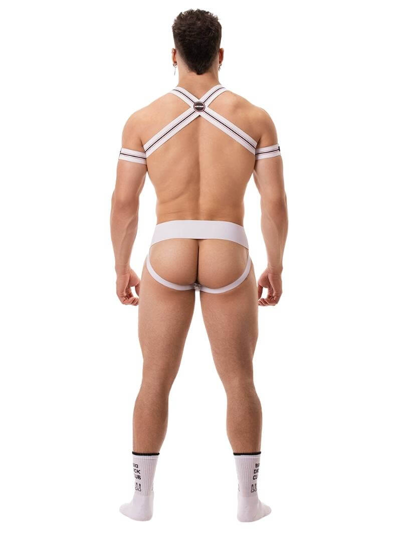 A model wearing a white Barcode Berlin Sergey ribbed cotton jockstrap, with the brand label visible on the waistband.