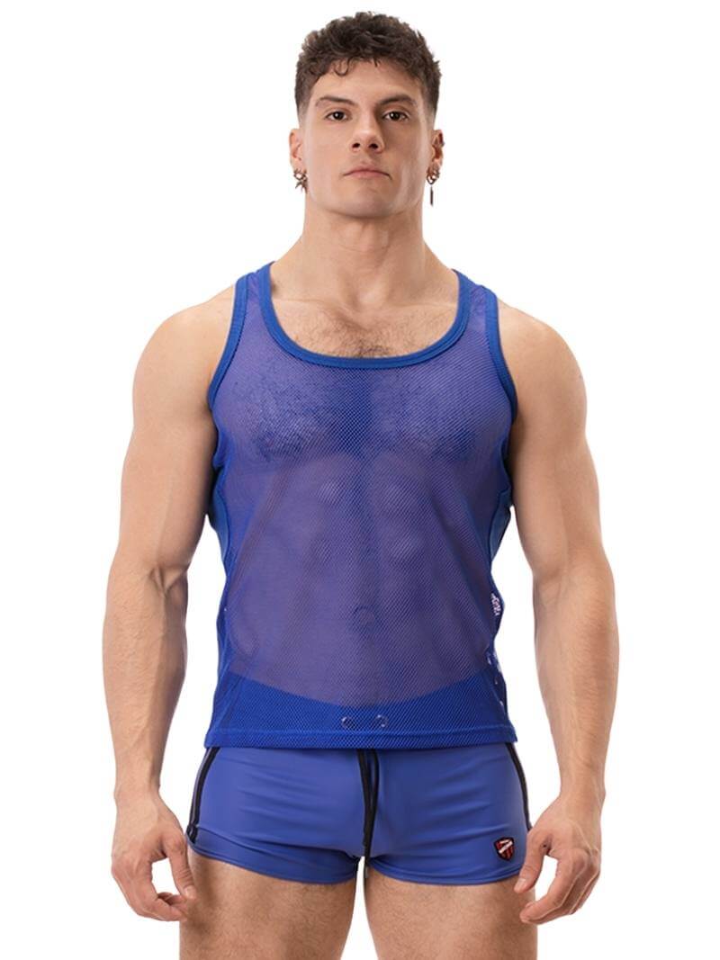 A man wearing a royal blue mesh racerback vest with a round neck and matching trims, standing against a white background.