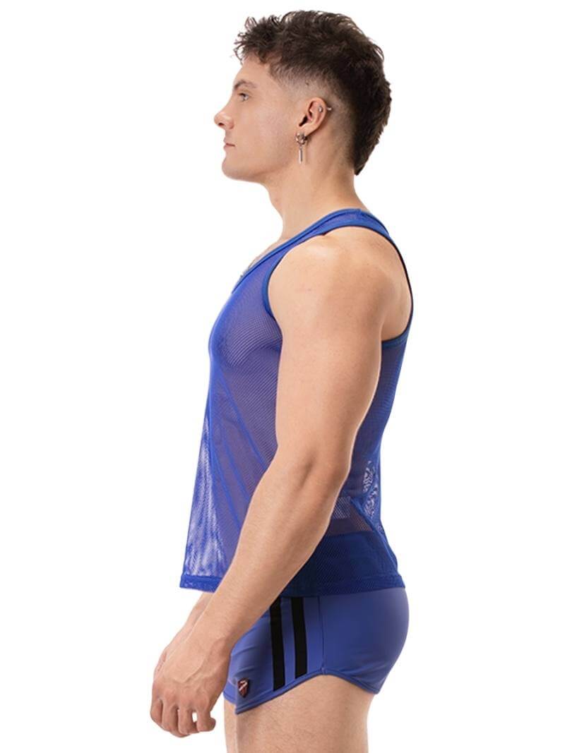 A man wearing a royal blue mesh racerback vest with a round neck and matching trims, standing against a white background.