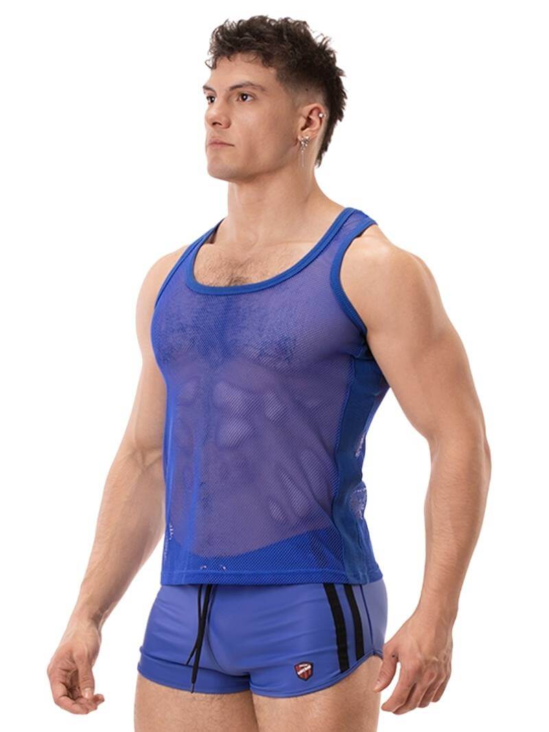 A man wearing a royal blue mesh racerback vest with a round neck and matching trims, standing against a white background.