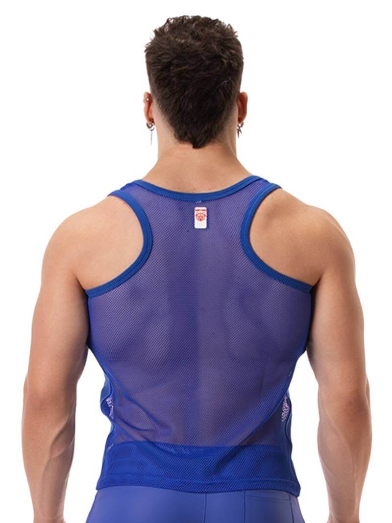 A man wearing a royal blue mesh racerback vest with a round neck and matching trims, standing against a white background.