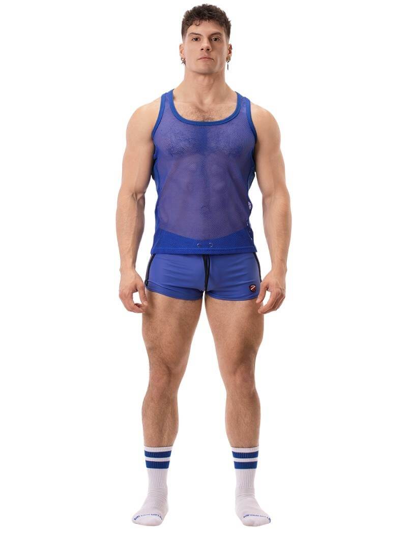 A man wearing a royal blue mesh racerback vest with a round neck and matching trims, standing against a white background.