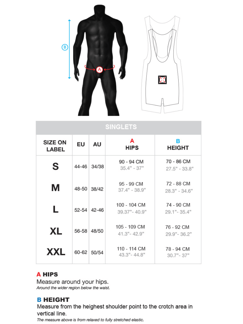 Barcode Berlin Singlet Size Guide with Waist and Height Measurements