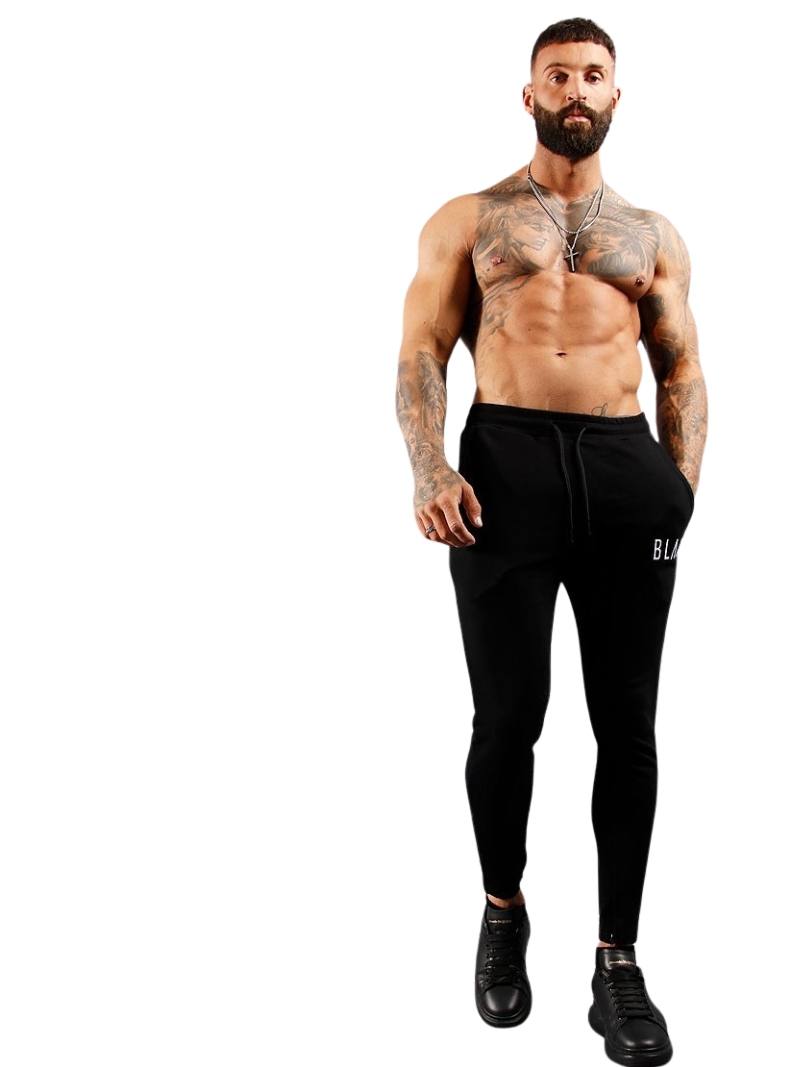 Mens BLAK Tape Zipped Hem Slim Fit Joggers
