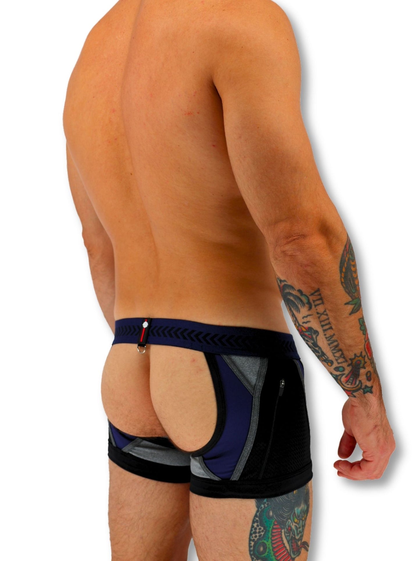Man wearing black and blue men's underwear on a white background