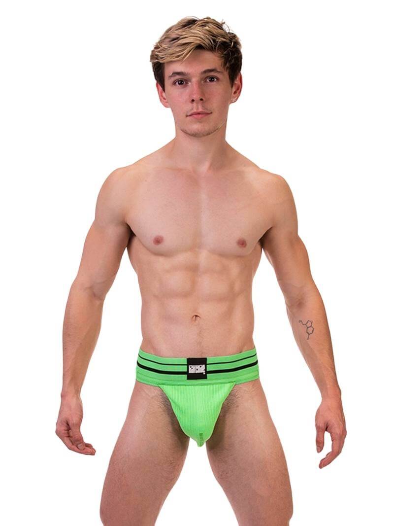 This image features the Barcode Berlin Andreus Jockstrap, showcasing its vibrant and bold design in a striking neon green color. The jockstrap has a classic sports jockstrap look with a wide, sturdy elastic waistband that carries a prominent Barcode Berlin brand label.
