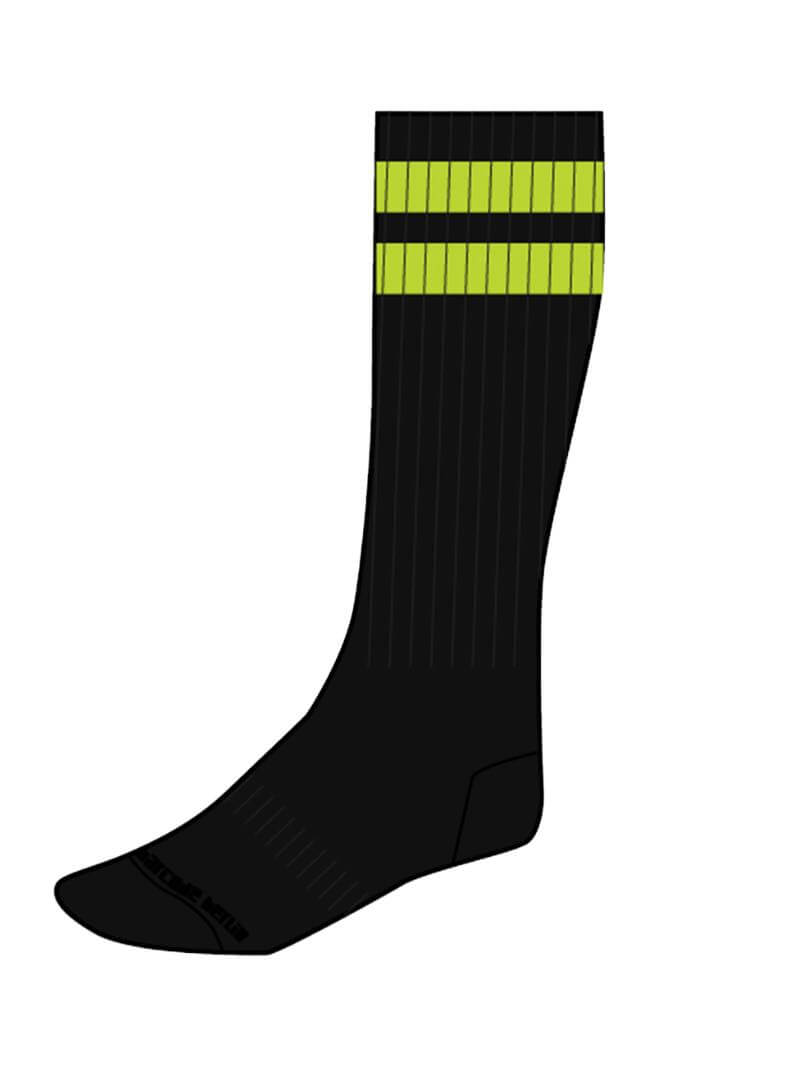 A pair of black gym crew socks with yellow stripes, featuring the Barcode Berlin brand logo on the ankle area.