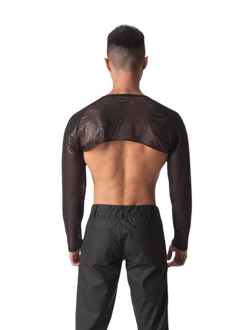 A male model wearing a black semi-see-through sheer mesh crop top with long sleeves and a v-neck.