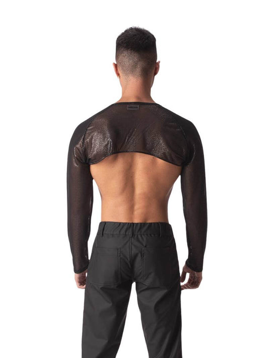A male model wearing a black semi-see-through sheer mesh crop top with long sleeves and a v-neck.