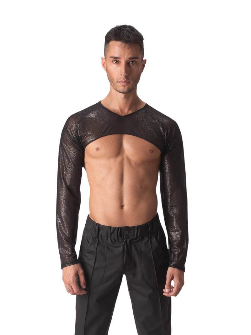 A male model wearing a black semi-see-through sheer mesh crop top with long sleeves and a v-neck.