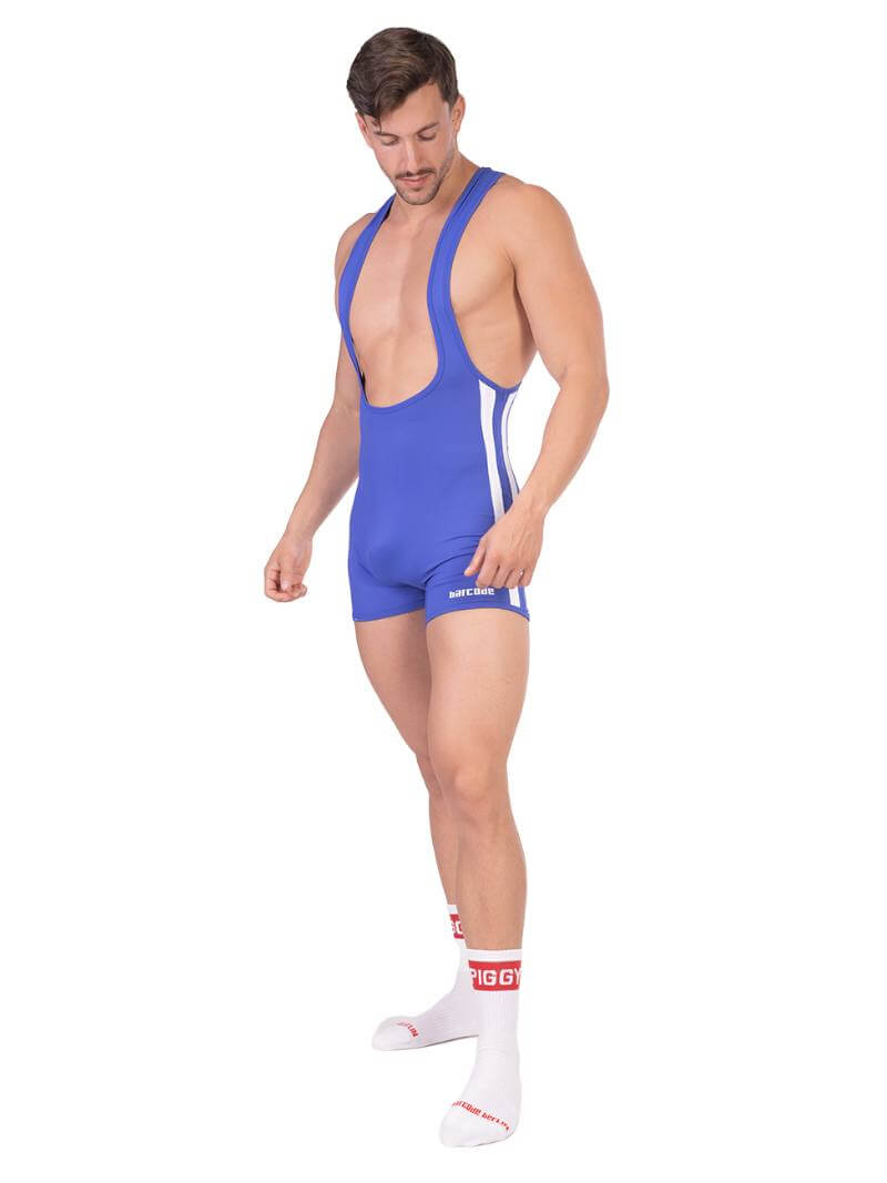 A man wearing a red Barcode Berlin backless singlet with white stripes and a low-cut neck.