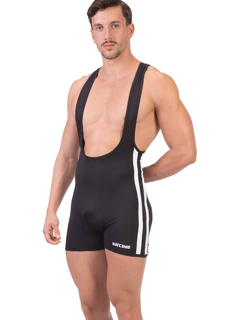 A man wearing a black Barcode Berlin backless singlet with white stripes and a low-cut neck.