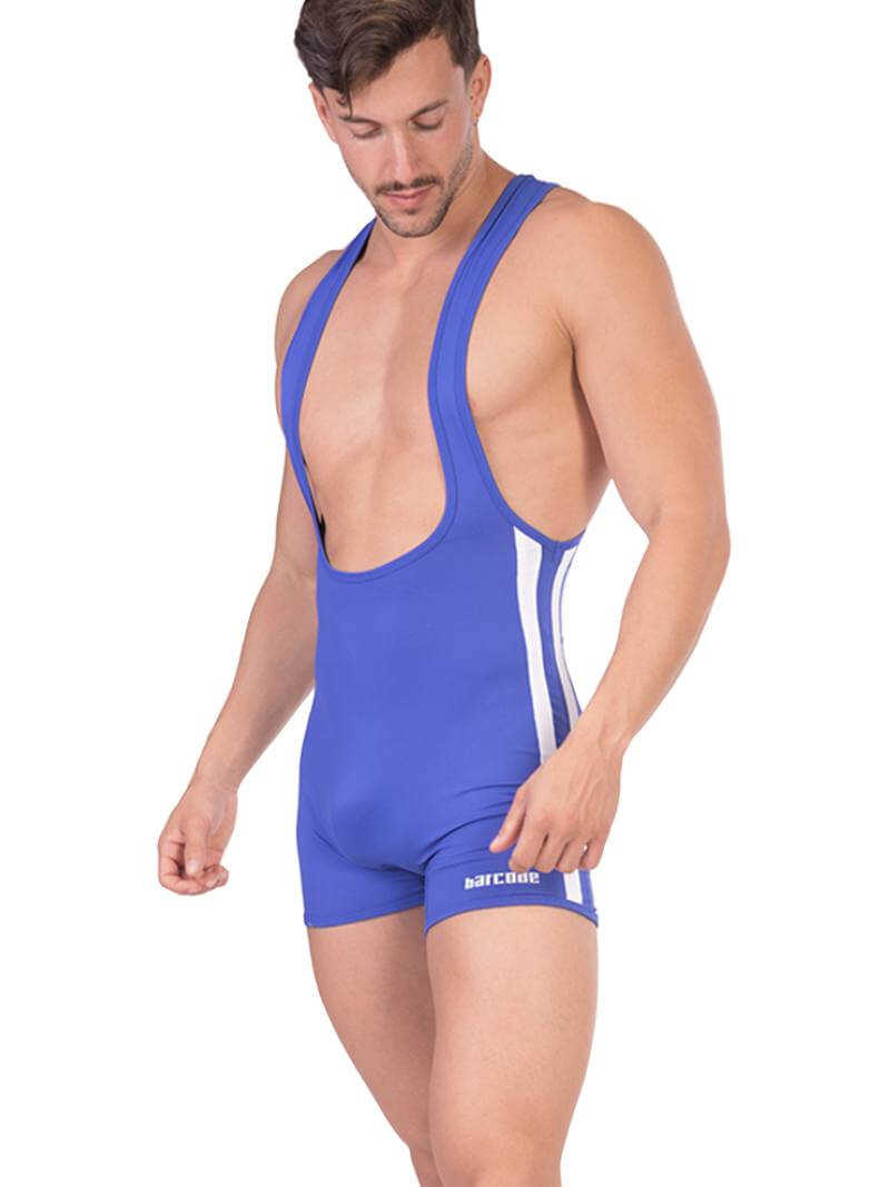 A man wearing a blue Barcode Berlin backless singlet with white stripes and a low-cut neck.