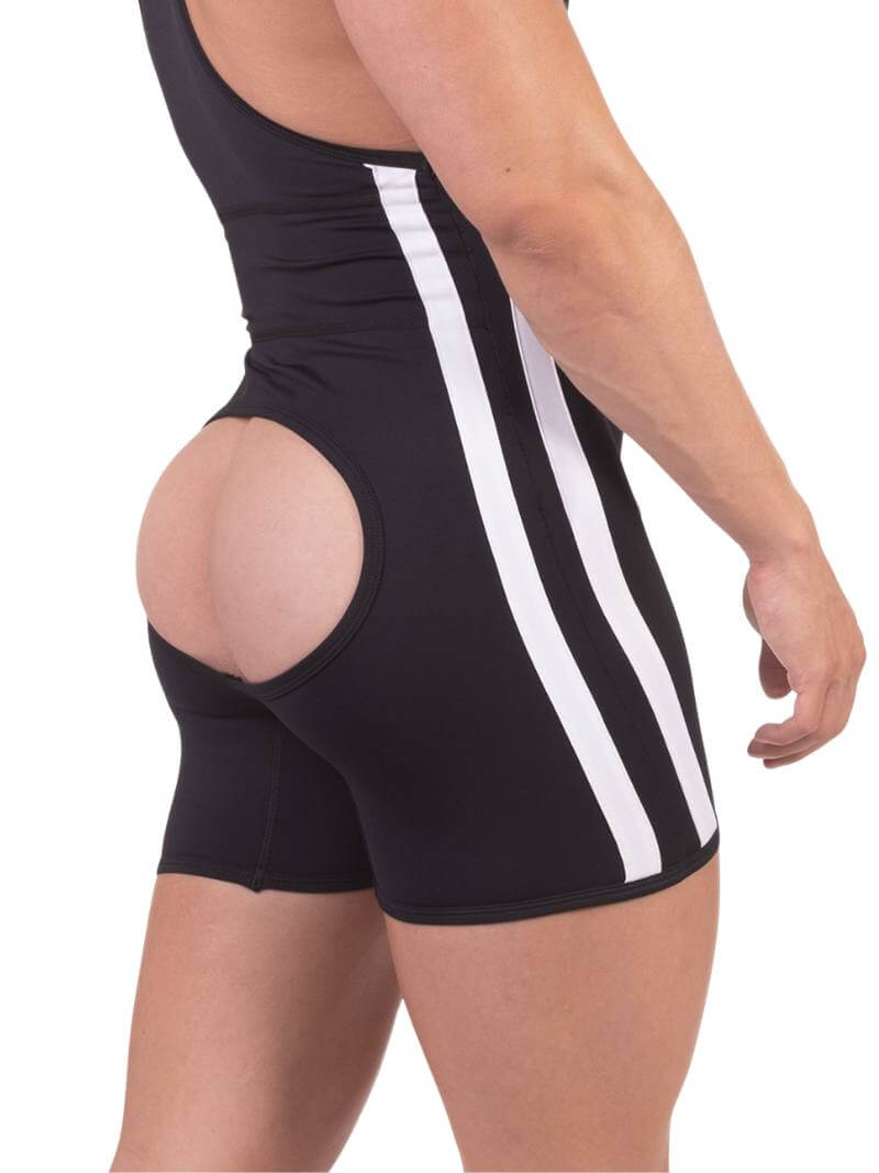 A man wearing a black Barcode Berlin backless singlet with white stripes and a low-cut neck.