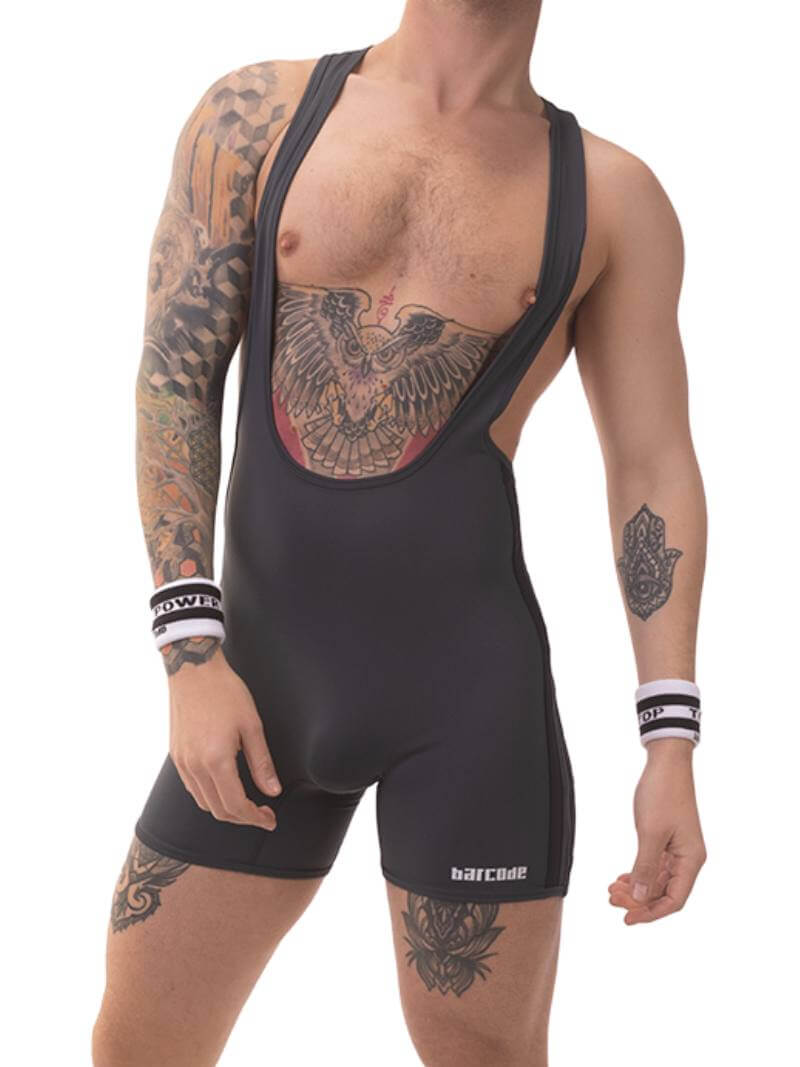 A man wearing a grey Barcode Berlin backless singlet with black stripes and a low-cut neck.