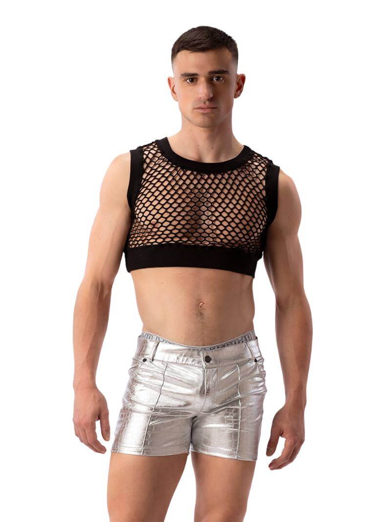 A pair of silver metallic shorts with embossed crocodile print, featuring a zip-up fly, button fastening, belt loops, and pockets. The shorts are designed to be fitted with a square-cut shape.
