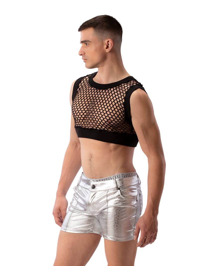 A pair of silver metallic shorts with embossed crocodile print, featuring a zip-up fly, button fastening, belt loops, and pockets. The shorts are designed to be fitted with a square-cut shape.