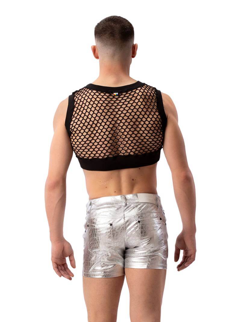 A pair of silver metallic shorts with embossed crocodile print, featuring a zip-up fly, button fastening, belt loops, and pockets. The shorts are designed to be fitted with a square-cut shape.
