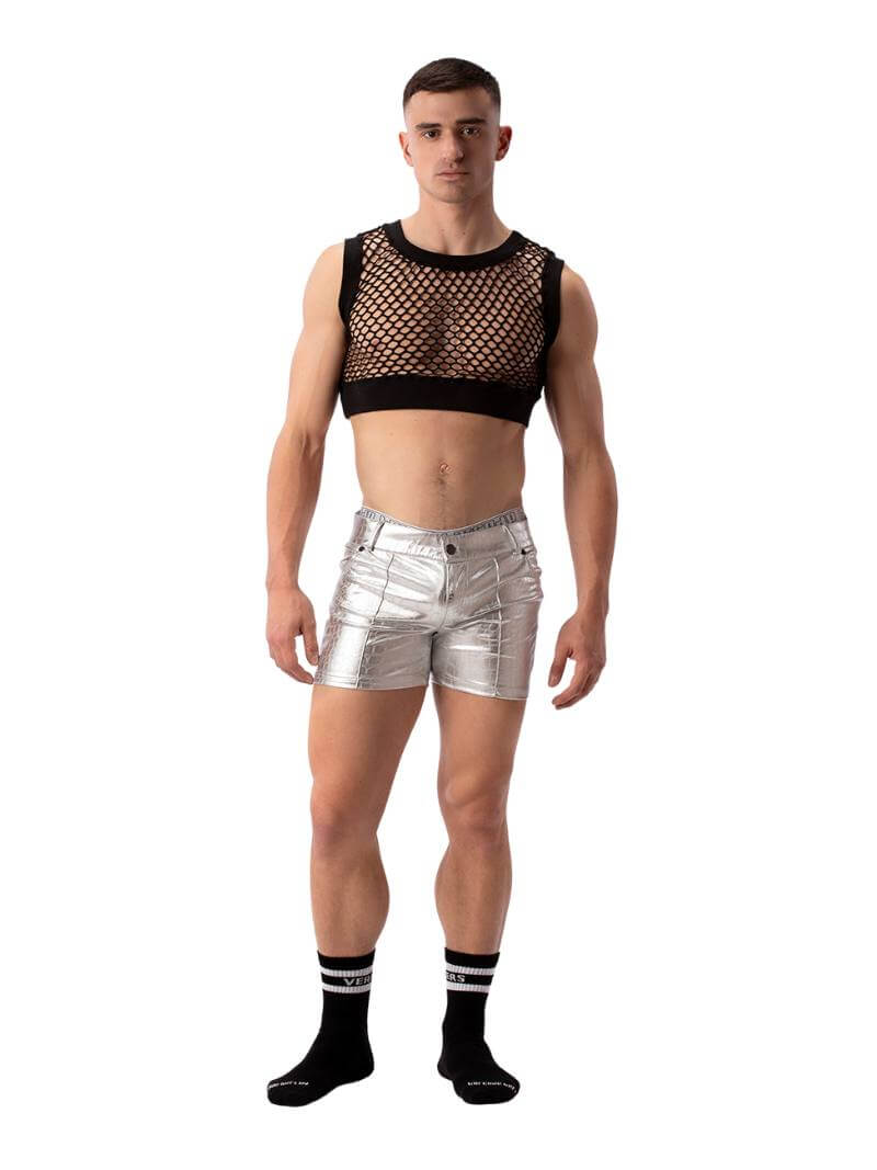 A pair of silver metallic shorts with embossed crocodile print, featuring a zip-up fly, button fastening, belt loops, and pockets. The shorts are designed to be fitted with a square-cut shape.