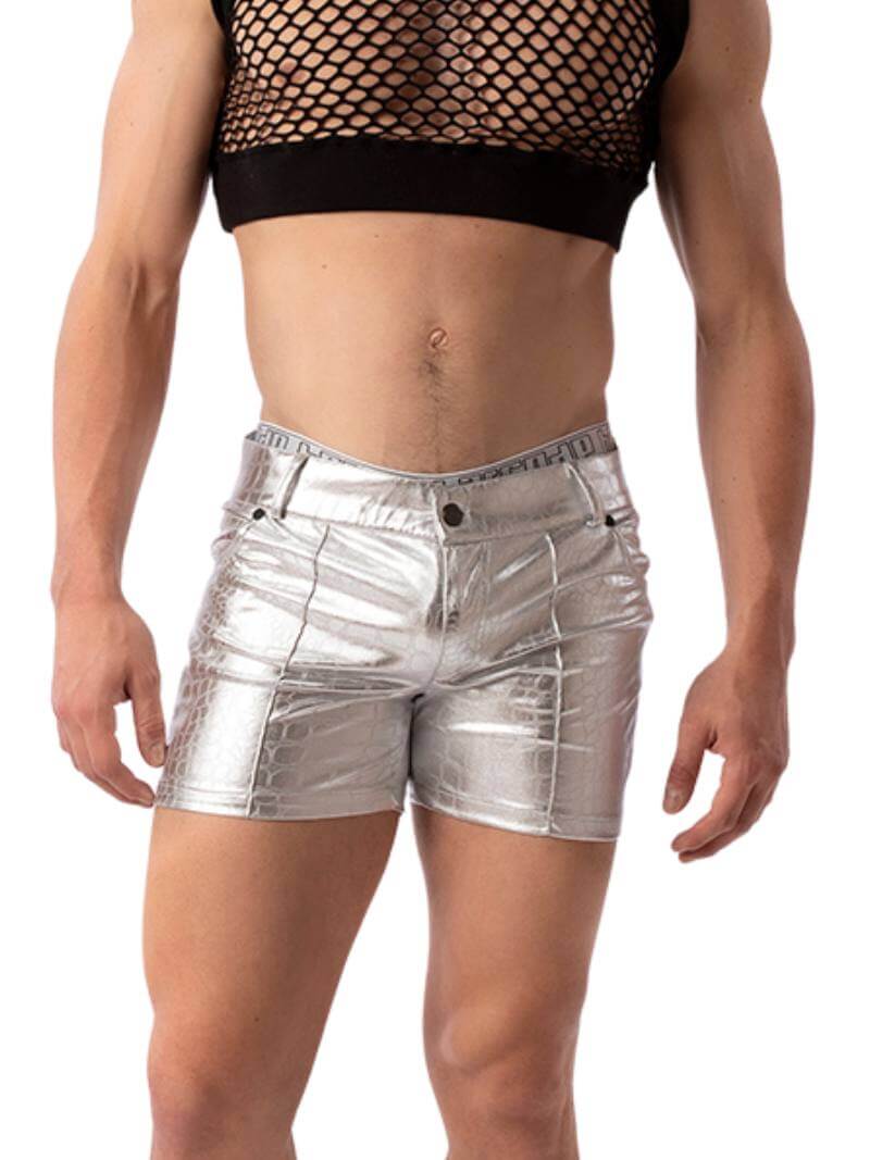 A pair of silver metallic shorts with embossed crocodile print, featuring a zip-up fly, button fastening, belt loops, and pockets. The shorts are designed to be fitted with a square-cut shape.