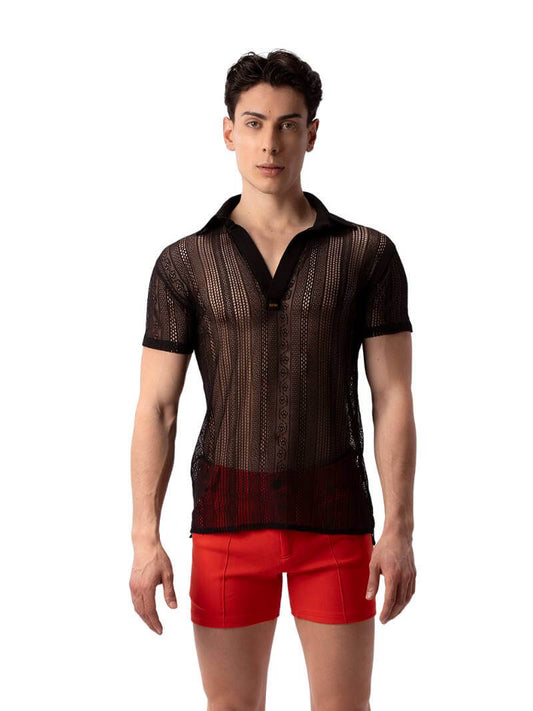 A model wearing a semi-see-through black lace polo shirt with a collard v-neck and short sleeves.