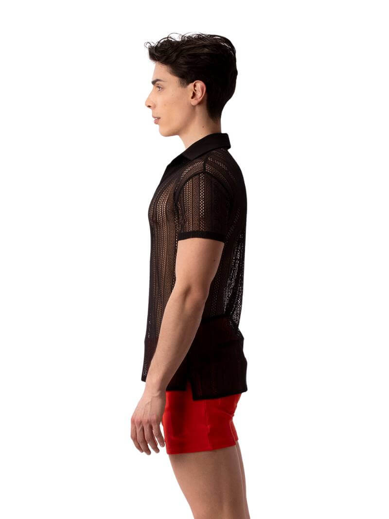 A model wearing a semi-see-through black lace polo shirt with a collard v-neck and short sleeves.