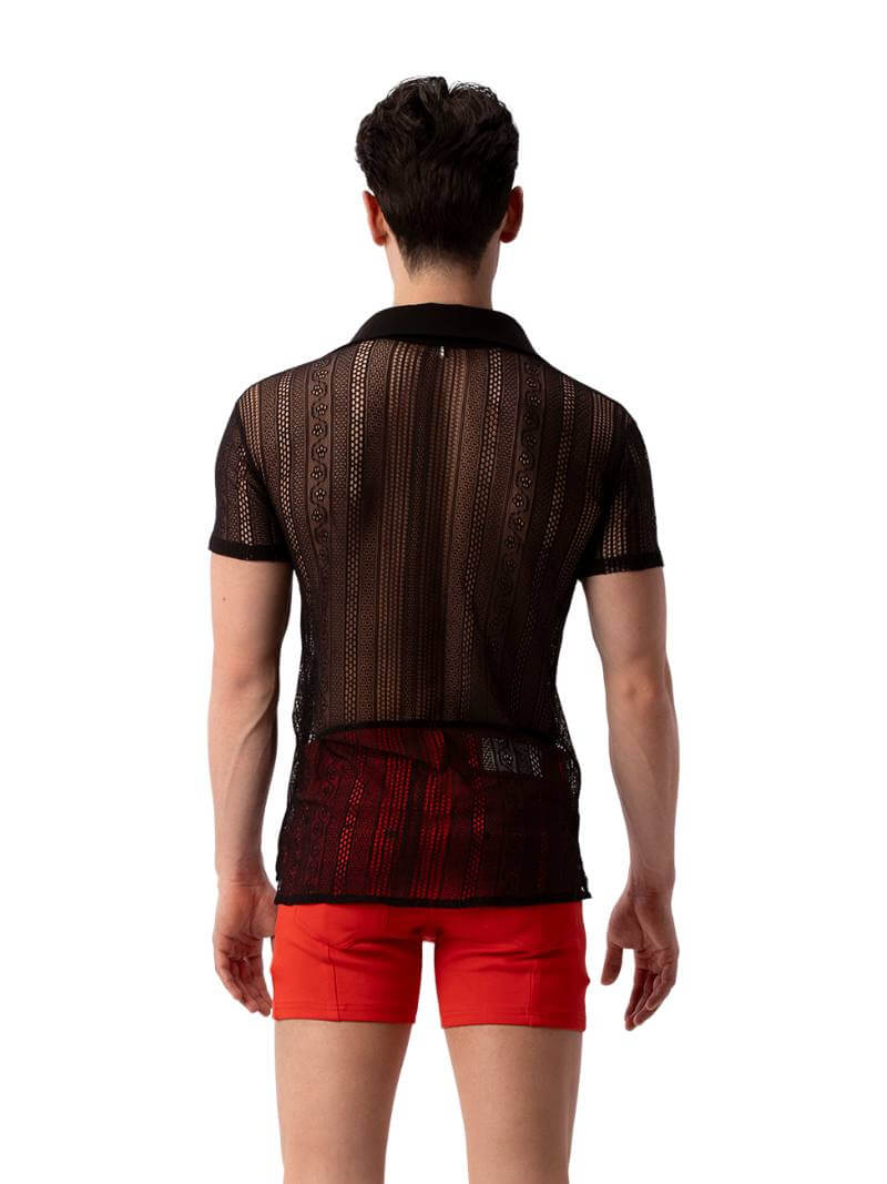 A model wearing a semi-see-through black lace polo shirt with a collard v-neck and short sleeves.