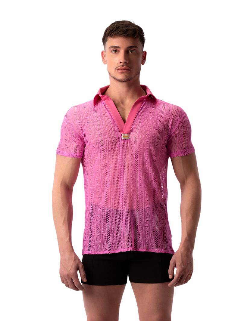A model wearing a semi-see-through black lace polo shirt with a collard v-neck and short sleeves.