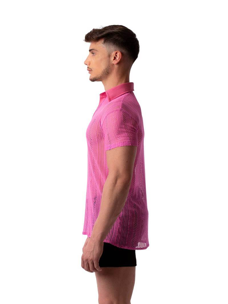 A model wearing a semi-see-through black lace polo shirt with a collard v-neck and short sleeves.