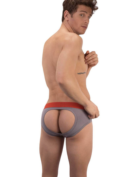 A model wearing a Barcode Berlin Helios grey backless brief with yellow trims and a branded waistband.