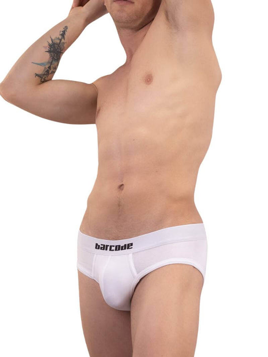 A model wearing a yellow cotton Barcode Berlin Helios backless brief with the brand's logo on the waistband.