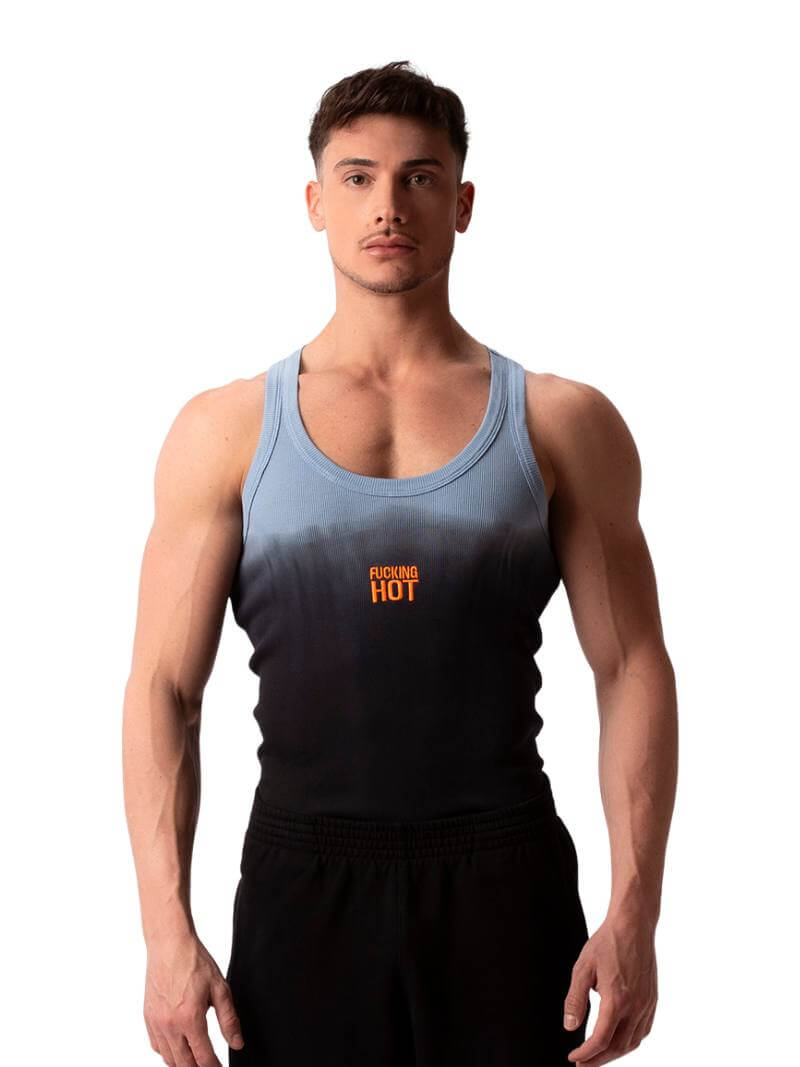 A male model wearing a sleeveless black tank top with a gradient of blue and the text 'F**KING HOT' in the center, along with a 'BARCODE' branded label at the back.