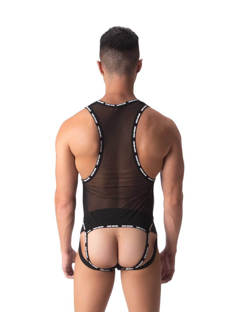 A male model wearing a black sheer mesh Barcode Berlin singlet with branded trims, featuring a crotchless front and a jockstrap rear.