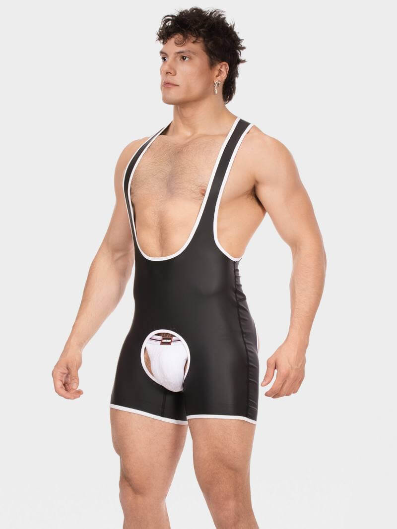 Person wearing a black wrestling singlet with a logo on a white background