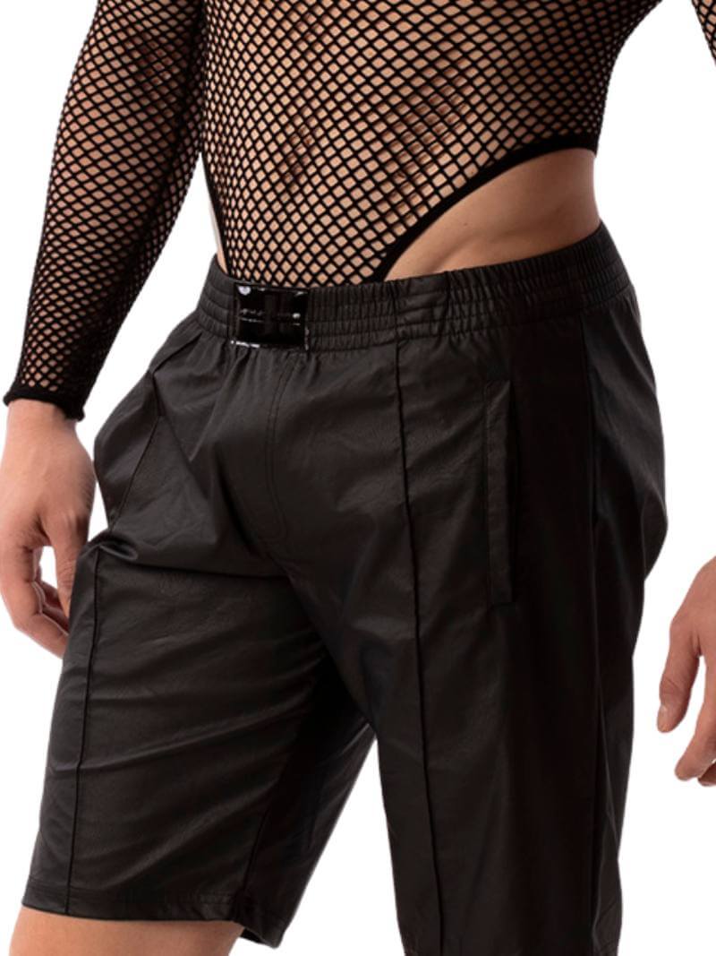 A pair of black, shiny, leather-look Bermuda shorts with a low-rise elasticated waist and side pockets, featuring a glossy finish and the brand 'BARCODE' on the chest.