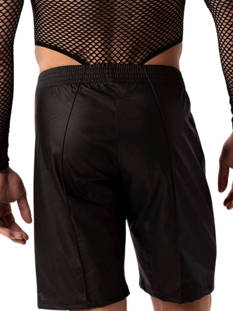 A pair of black, shiny, leather-look Bermuda shorts with a low-rise elasticated waist and side pockets, featuring a glossy finish and the brand 'BARCODE' on the chest.