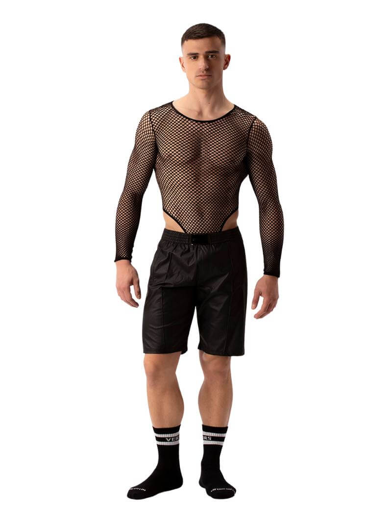 A pair of black, shiny, leather-look Bermuda shorts with a low-rise elasticated waist and side pockets, featuring a glossy finish and the brand 'BARCODE' on the chest.