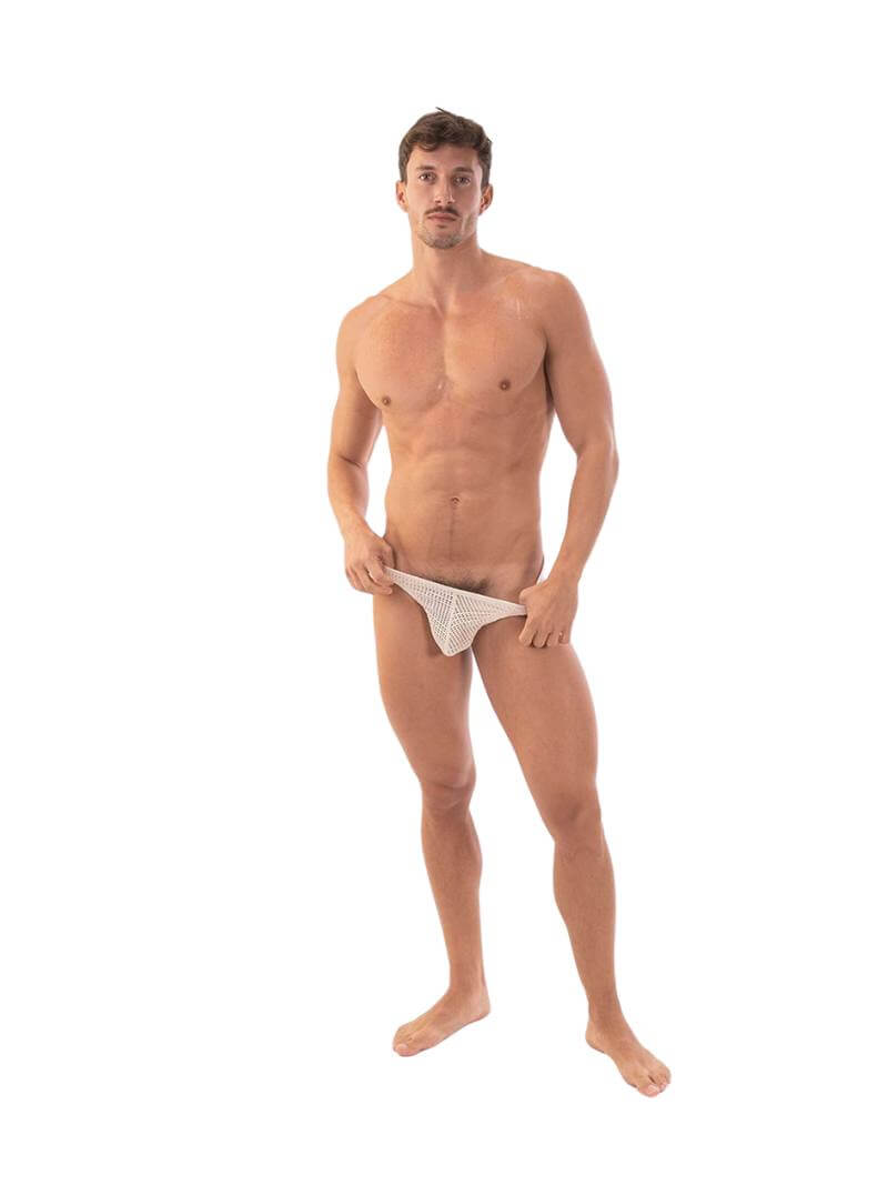 This image features the Barcode Berlin Lor Knitted Mesh Thong, highlighting its sleek and seductive design. The thong is crafted from a knitted mesh fabric made of cotton and polyester, providing a semi-transparent, breathable quality.