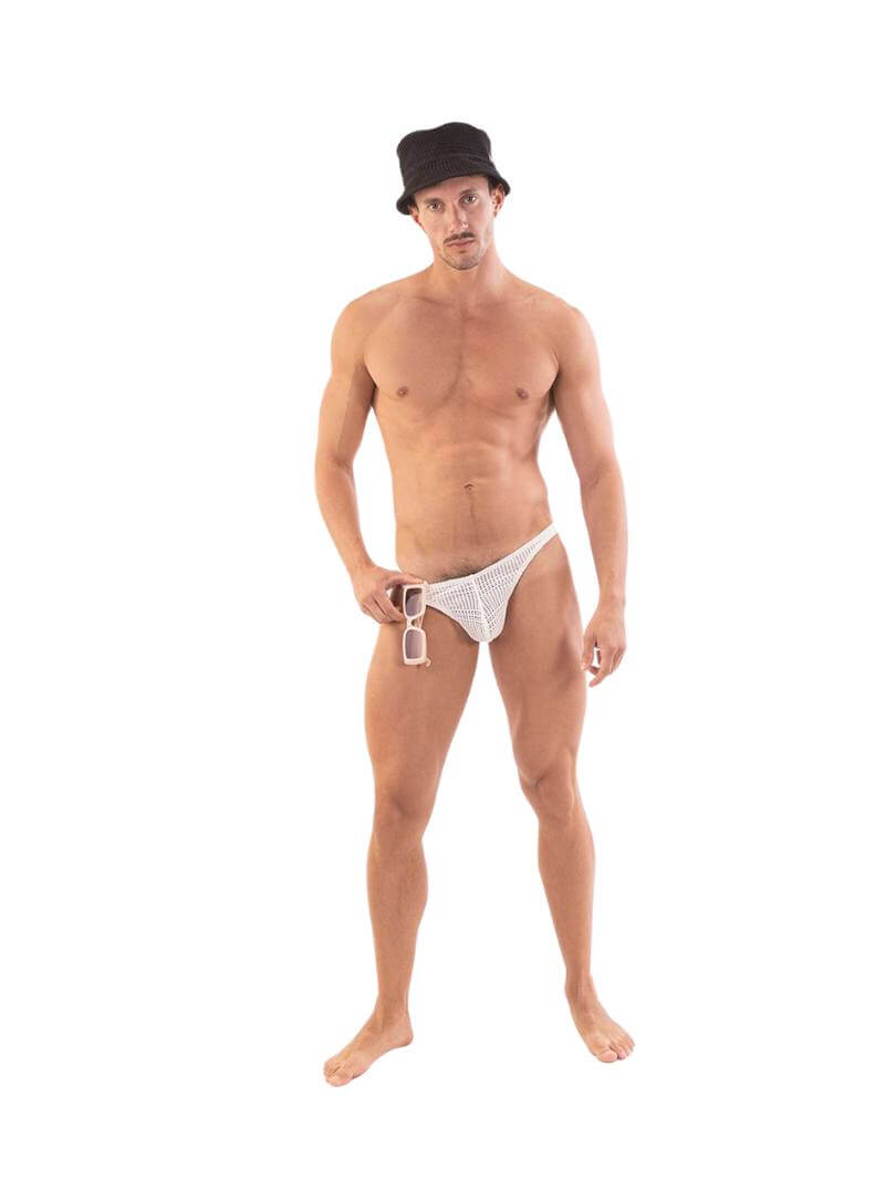 This image features the Barcode Berlin Lor Knitted Mesh Thong, highlighting its sleek and seductive design. The thong is crafted from a knitted mesh fabric made of cotton and polyester, providing a semi-transparent, breathable quality.