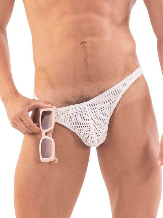 This image features the Barcode Berlin Lor Knitted Mesh Thong, highlighting its sleek and seductive design. The thong is crafted from a knitted mesh fabric made of cotton and polyester, providing a semi-transparent, breathable quality.