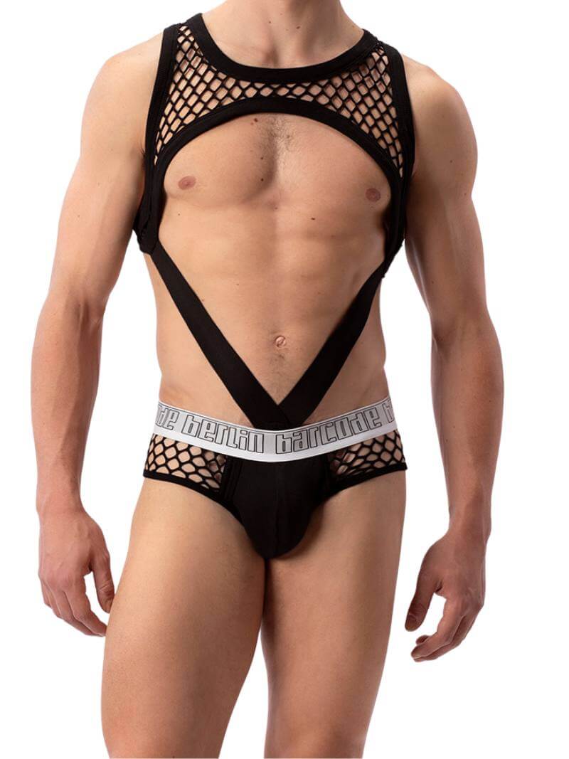 A model wearing a black Barcode Berlin mesh brief with a low-rise waist and branded waistband.