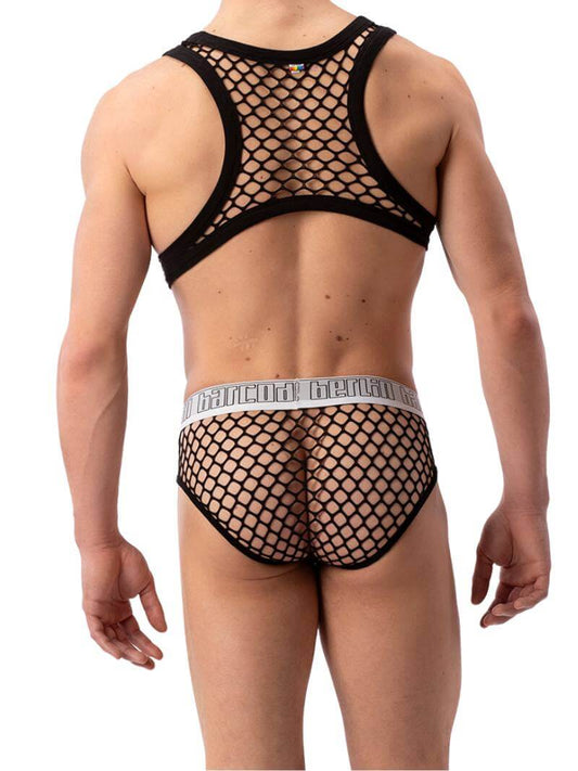 A model wearing a black Barcode Berlin mesh brief with a low-rise waist and branded waistband.