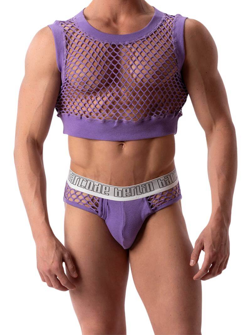 A model wearing a pruple Barcode Berlin mesh brief with a low-rise waist and branded waistband.
