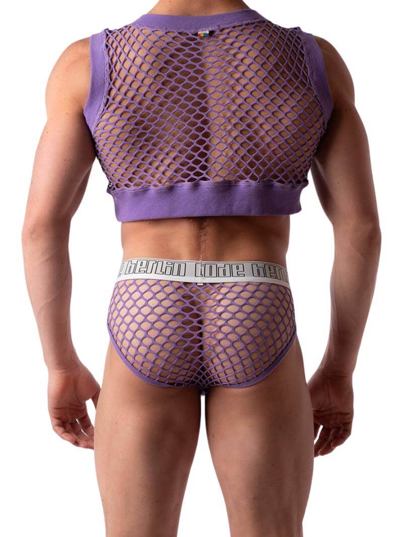 A model wearing a pruple Barcode Berlin mesh brief with a low-rise waist and branded waistband.