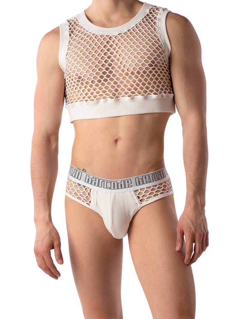 A model wearing a white Barcode Berlin mesh brief with a low-rise waist and branded waistband.