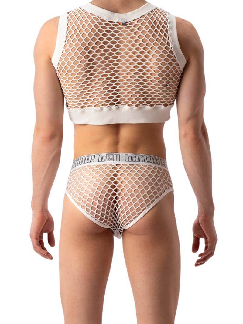 A model wearing a white Barcode Berlin mesh brief with a low-rise waist and branded waistband.