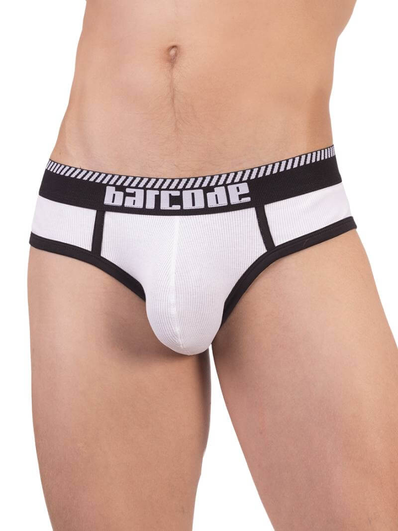 A man wearing a white Barcode Berlin brief with black trims and a brand logo on the waistband.
